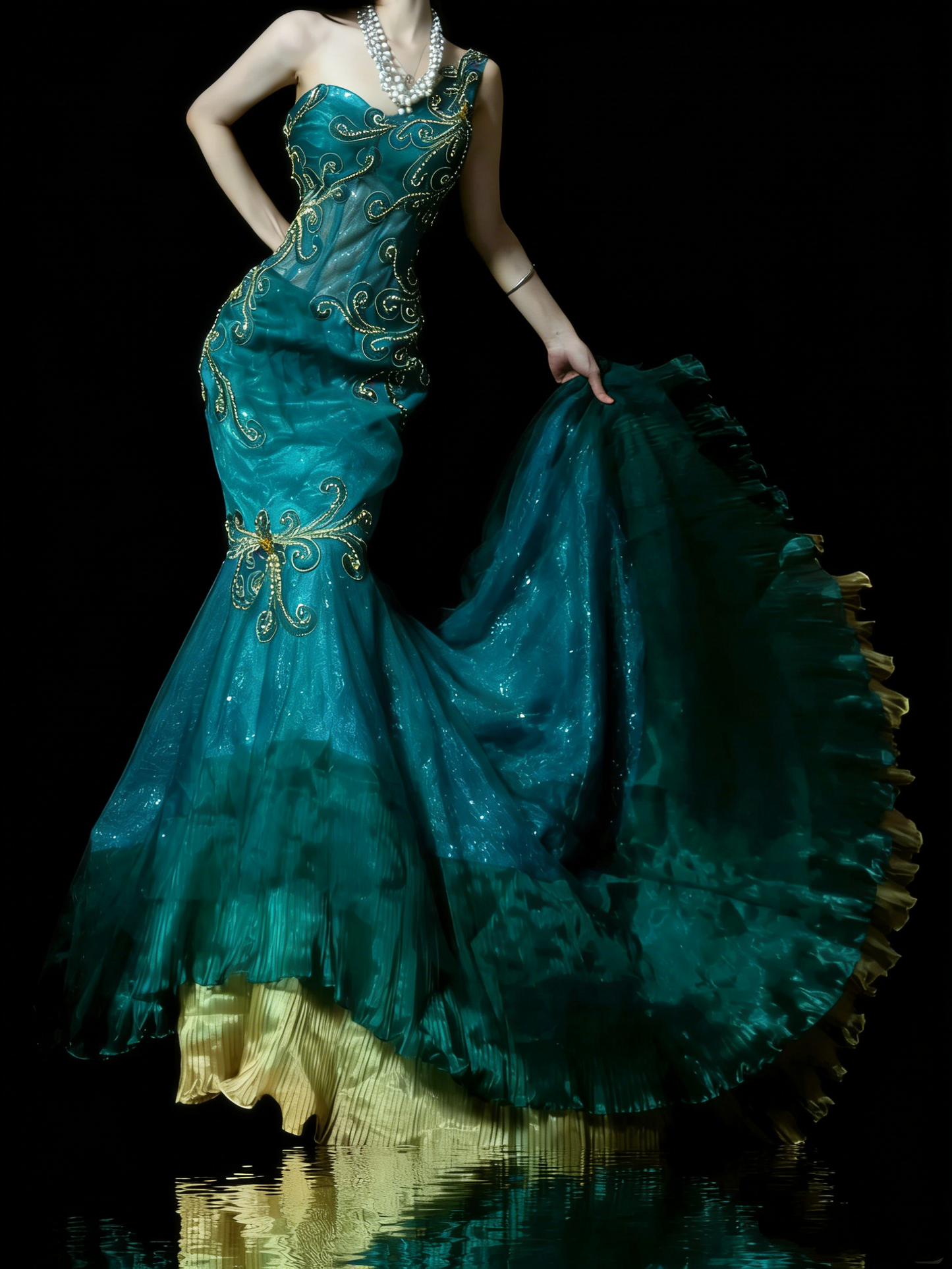 Robe de bal longue sirène asymétrique à volants dorés et perles, style princesse, référence N979