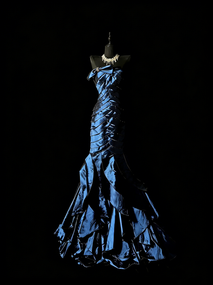 Retro Meerjungfrauen-Kleid, trägerlos, marineblau mit Rüschen, langes Partykleid, Ballkleid, elegantes Abendkleid für Senioren, formelles Tanzkleid N980