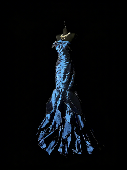 Retro Meerjungfrauen-Kleid, trägerlos, marineblau mit Rüschen, langes Partykleid, Ballkleid, elegantes Abendkleid für Senioren, formelles Tanzkleid N980