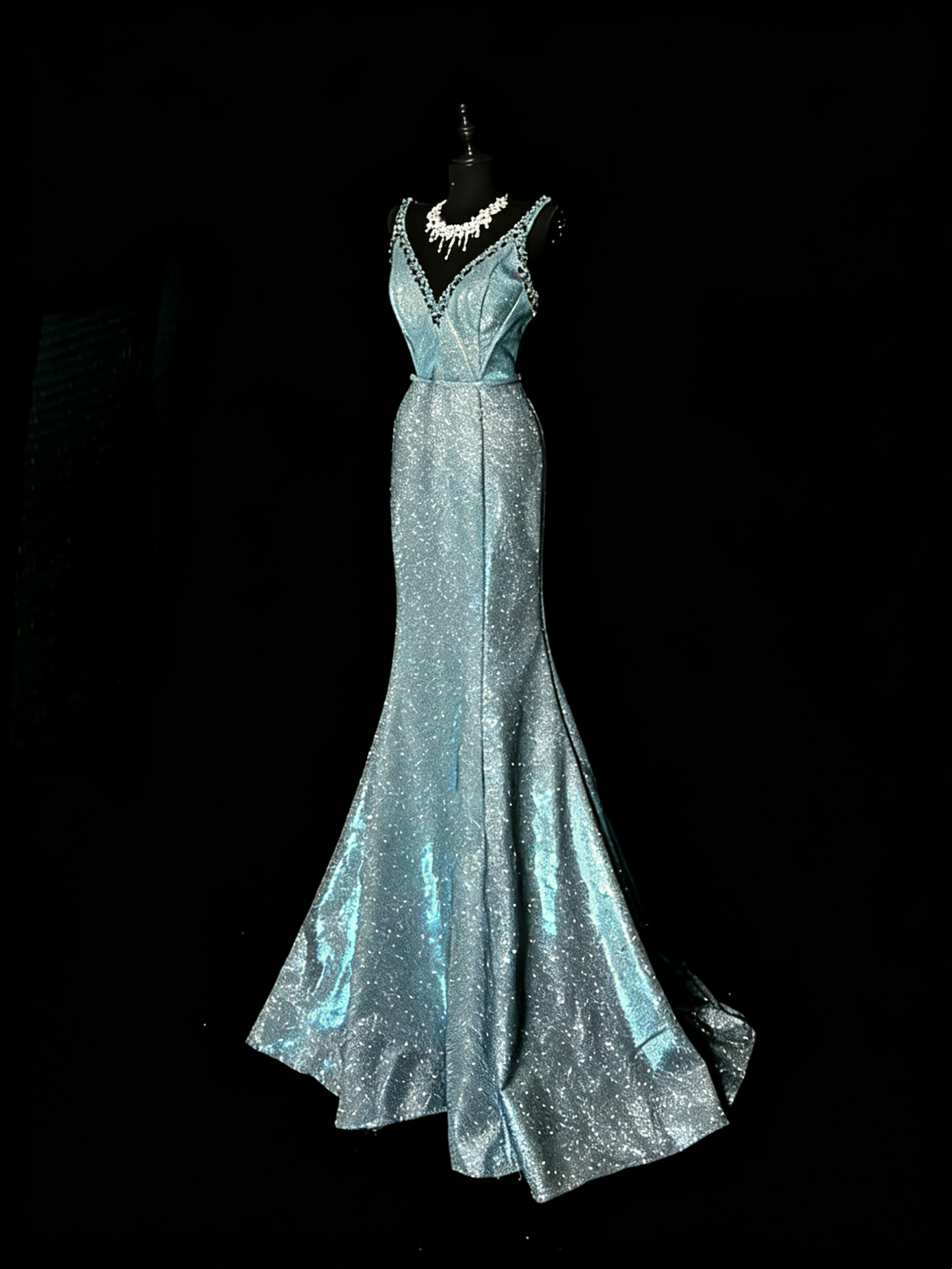 Atemberaubendes langes, blaues Pailletten-Abendkleid im Meerjungfrauenstil mit V-Ausschnitt, formelles Abendkleid N982