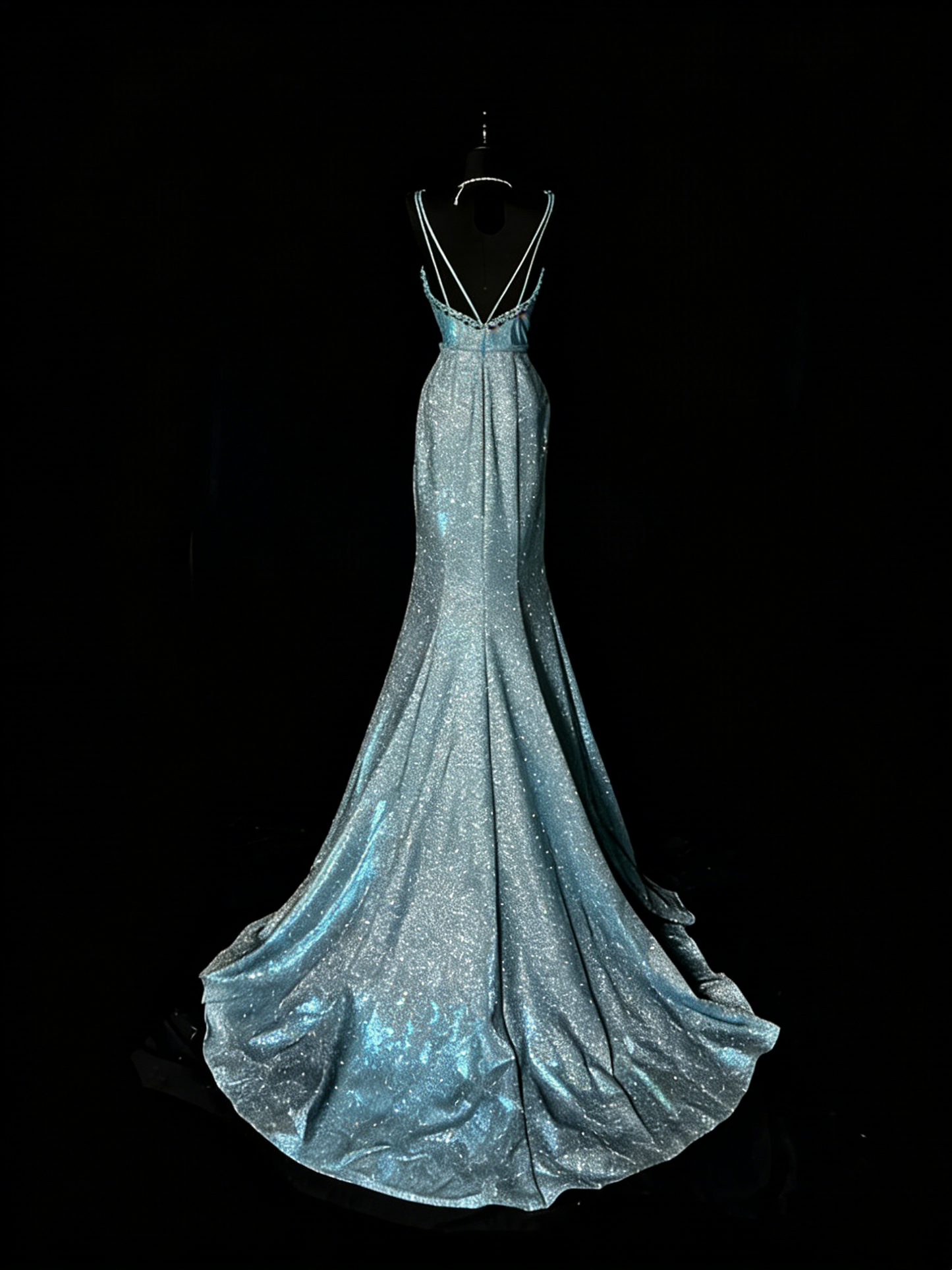 Atemberaubendes langes, blaues Pailletten-Abendkleid im Meerjungfrauenstil mit V-Ausschnitt, formelles Abendkleid N982
