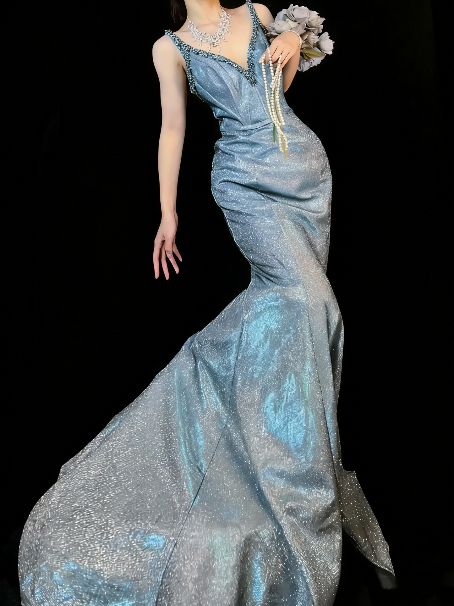 Atemberaubendes langes, blaues Pailletten-Abendkleid im Meerjungfrauenstil mit V-Ausschnitt, formelles Abendkleid N982