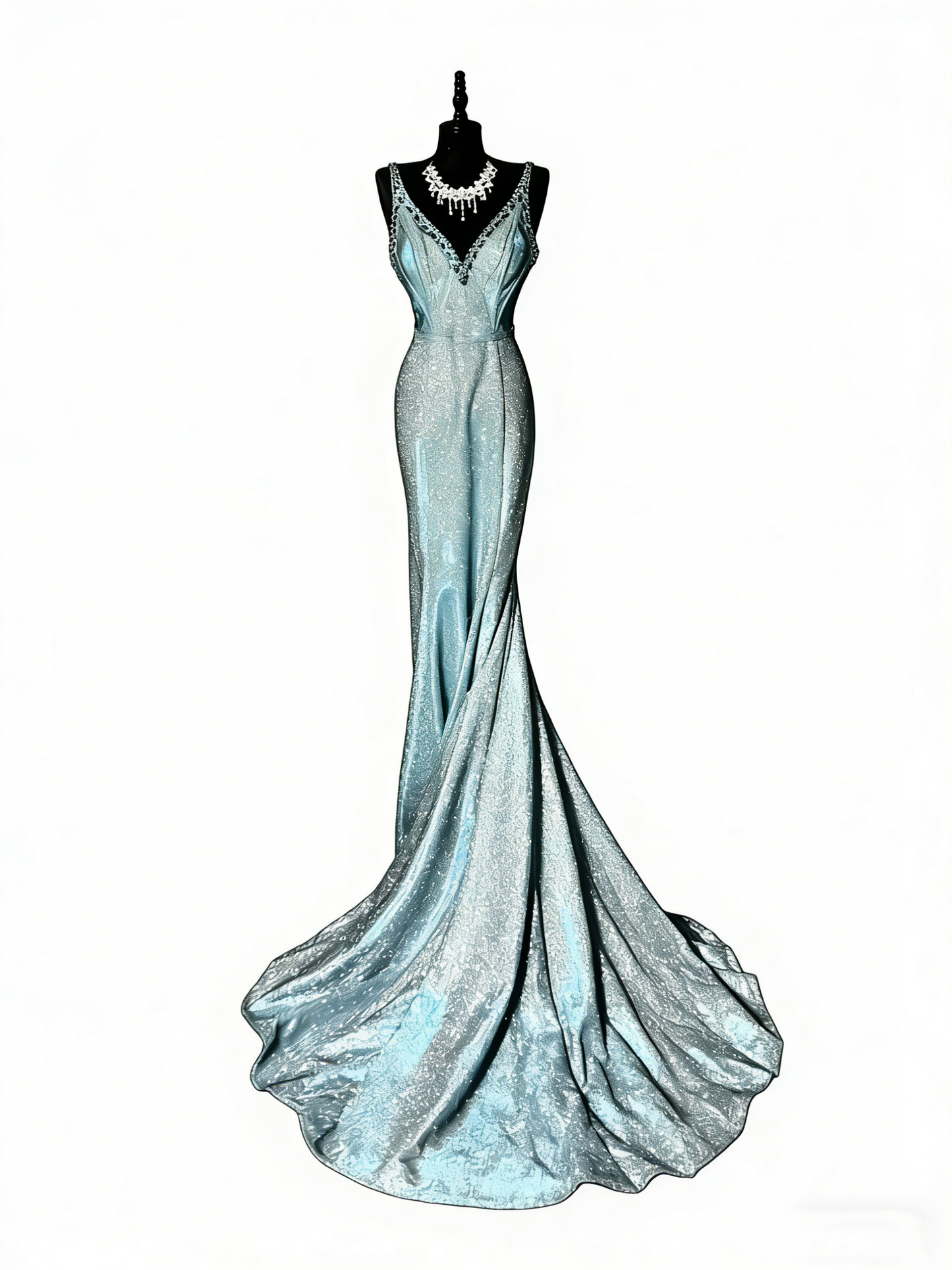 Atemberaubendes langes, blaues Pailletten-Abendkleid im Meerjungfrauenstil mit V-Ausschnitt, formelles Abendkleid N982