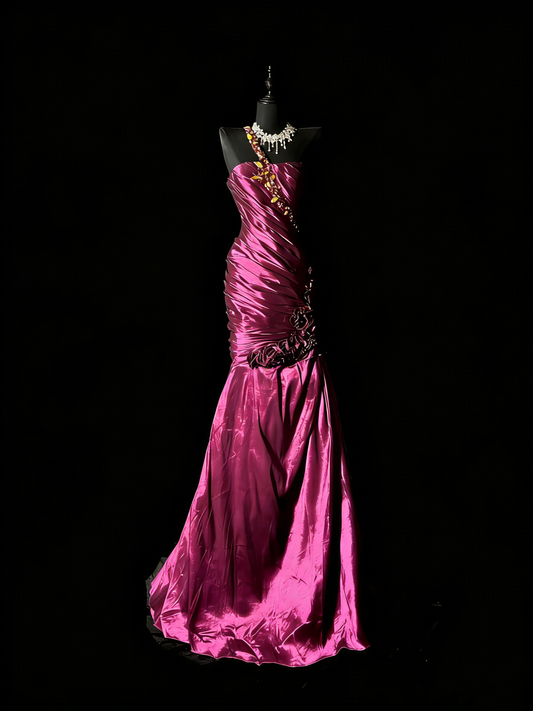 Atemberaubendes Meerjungfrauen-Abendkleid aus fuchsiafarbenem Satin mit One-Shoulder-Schulter und rückenfreiem Design, Modell N983
