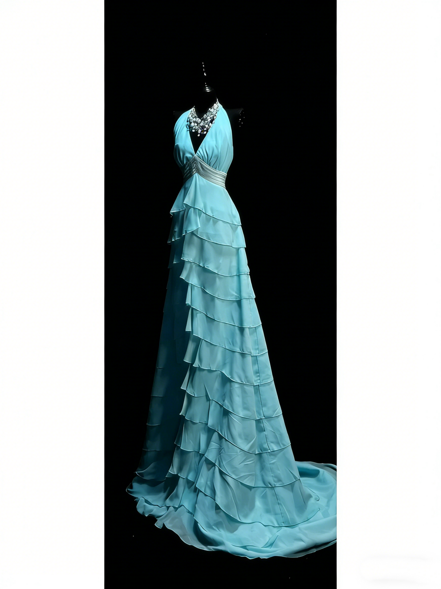 Robe de bal longue princesse bleu marine en mousseline à volants étagés, coupe trapèze, dos nu, style princesse, référence N985