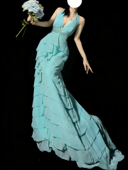 Robe de bal longue princesse bleu marine en mousseline à volants étagés, coupe trapèze, dos nu, style princesse, référence N985