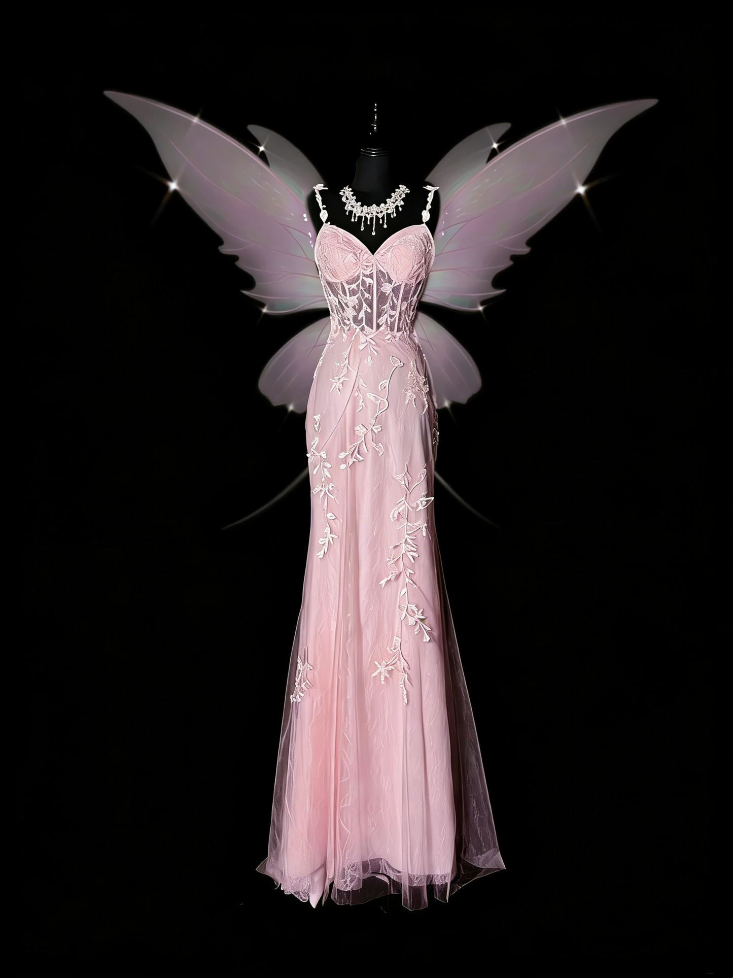 Robe de bal longue sirène à fines bretelles en tulle rose poudré et dentelle, tenue de soirée formelle N987