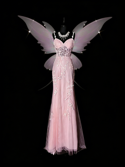 Atemberaubendes Meerjungfrauen-Abendkleid mit Spaghettiträgern aus rosafarbenem Tüll und Spitze, formelles Abendkleid N987