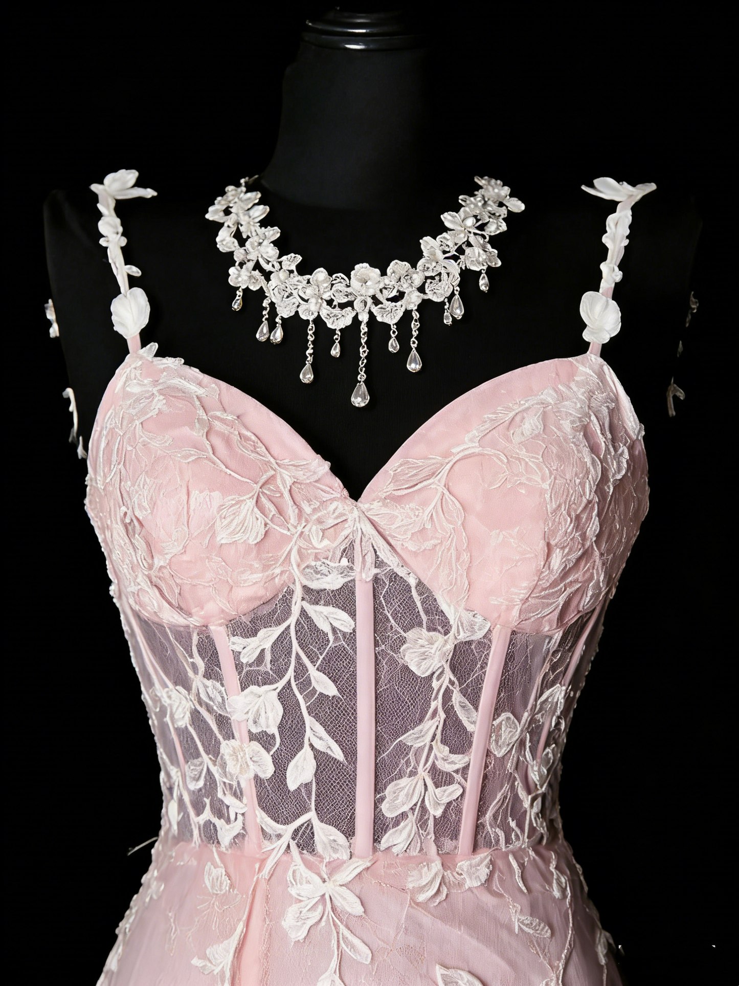 Robe de bal longue sirène à fines bretelles en tulle rose poudré et dentelle, tenue de soirée formelle N987