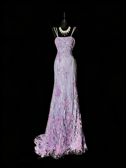 Robe de bal longue sirène à fines bretelles en tulle lilas et dentelle, tenue de soirée formelle N988