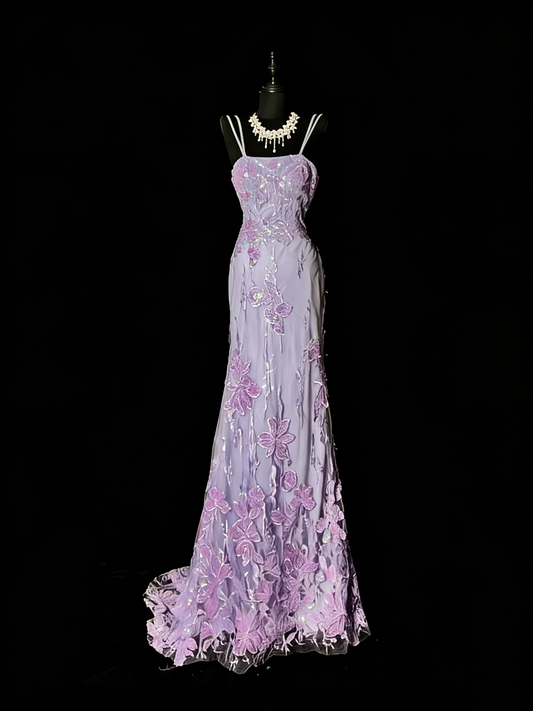 Atemberaubendes langes Meerjungfrauen-Abendkleid mit Spaghettiträgern aus lila Tüllspitze, formelles Abendkleid N988