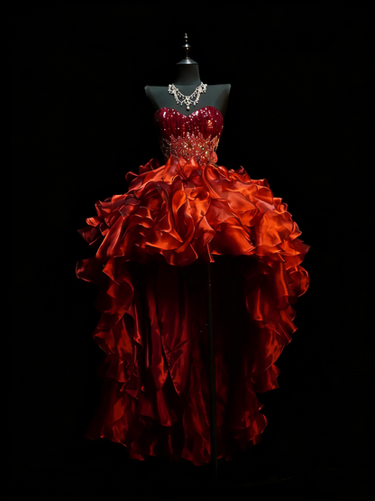 Prinzessinnen-Ballkleid, bordeauxrot, mit herzförmigem Rückenausschnitt, Korsettschnürung, gestuften Rüschen, langes Abendkleid, formelles Kleid N990