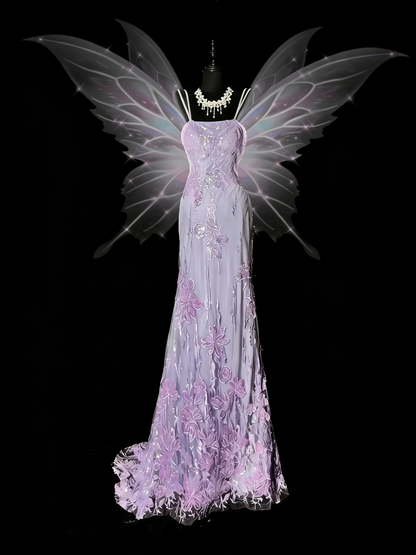 Robe de bal longue sirène à fines bretelles en tulle lilas et dentelle, tenue de soirée formelle N988
