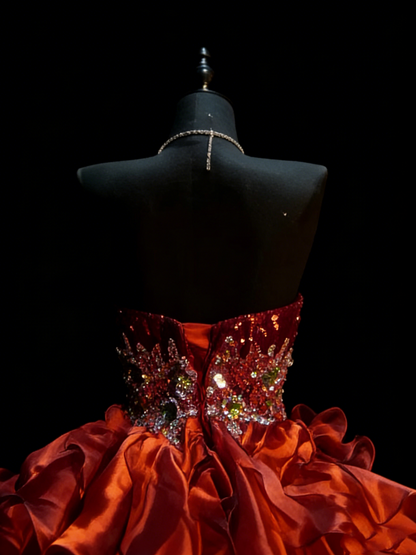 Prinzessinnen-Ballkleid, bordeauxrot, mit herzförmigem Rückenausschnitt, Korsettschnürung, gestuften Rüschen, langes Abendkleid, formelles Kleid N990