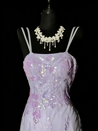 Robe de bal longue sirène à fines bretelles en tulle lilas et dentelle, tenue de soirée formelle N988
