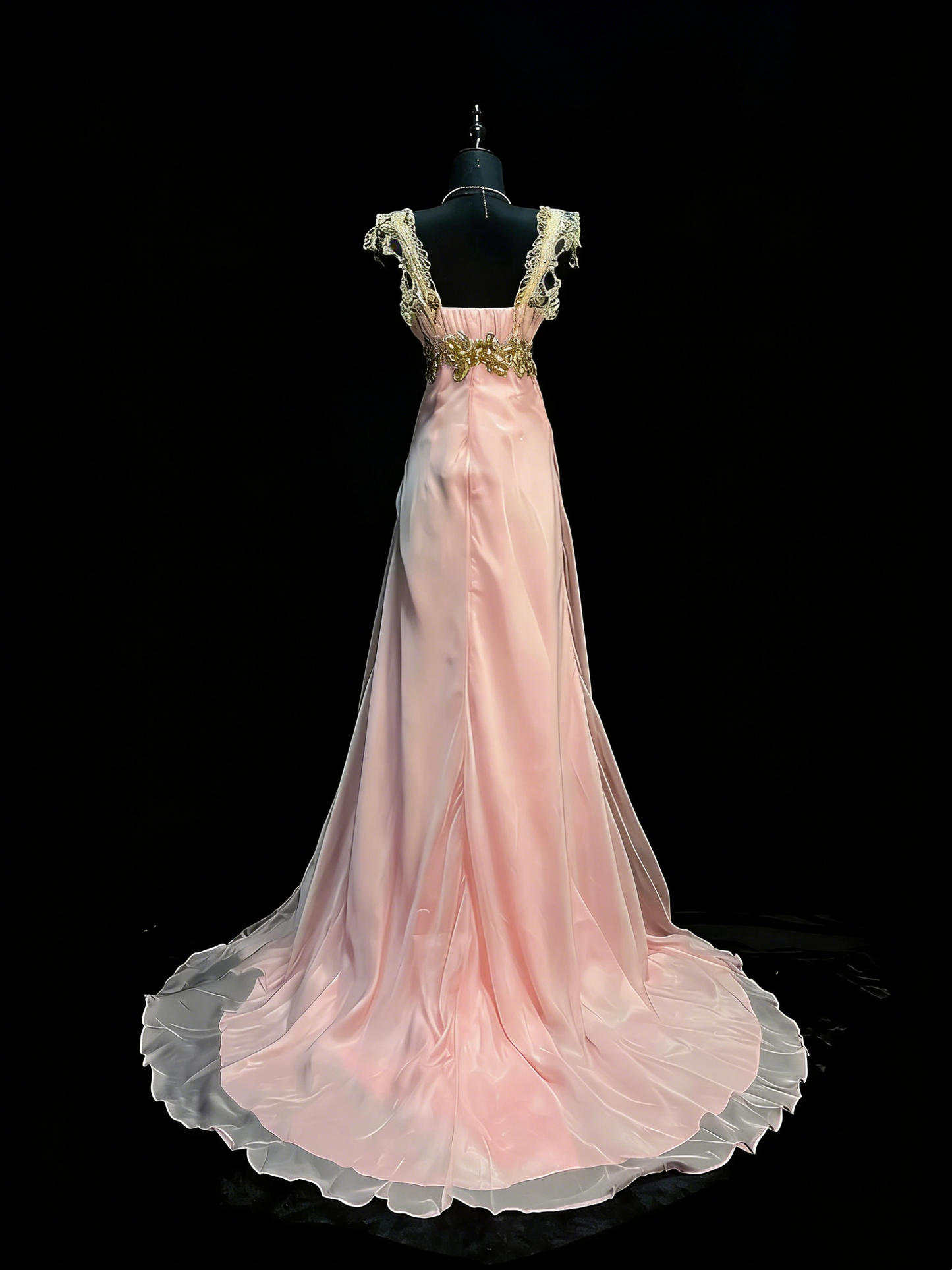 Atemberaubendes, langes, rosafarbenes Chiffon-Spitzen-Abendkleid mit herzförmigem Ausschnitt und Trägern (N992)