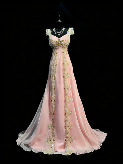 Atemberaubendes, langes, rosafarbenes Chiffon-Spitzen-Abendkleid mit herzförmigem Ausschnitt und Trägern (N992)