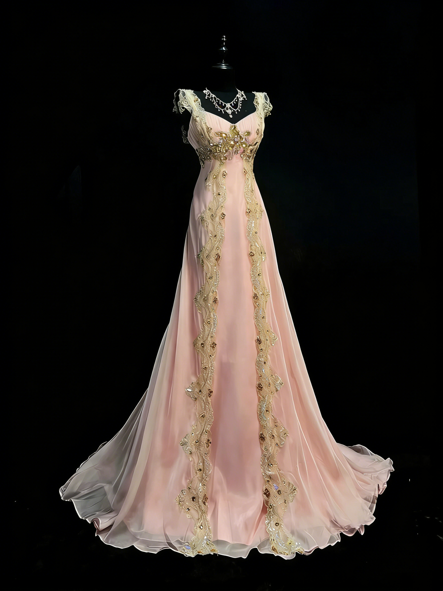 Atemberaubendes, langes, rosafarbenes Chiffon-Spitzen-Abendkleid mit herzförmigem Ausschnitt und Trägern (N992)