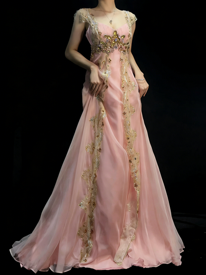 Atemberaubendes, langes, rosafarbenes Chiffon-Spitzen-Abendkleid mit herzförmigem Ausschnitt und Trägern (N992)