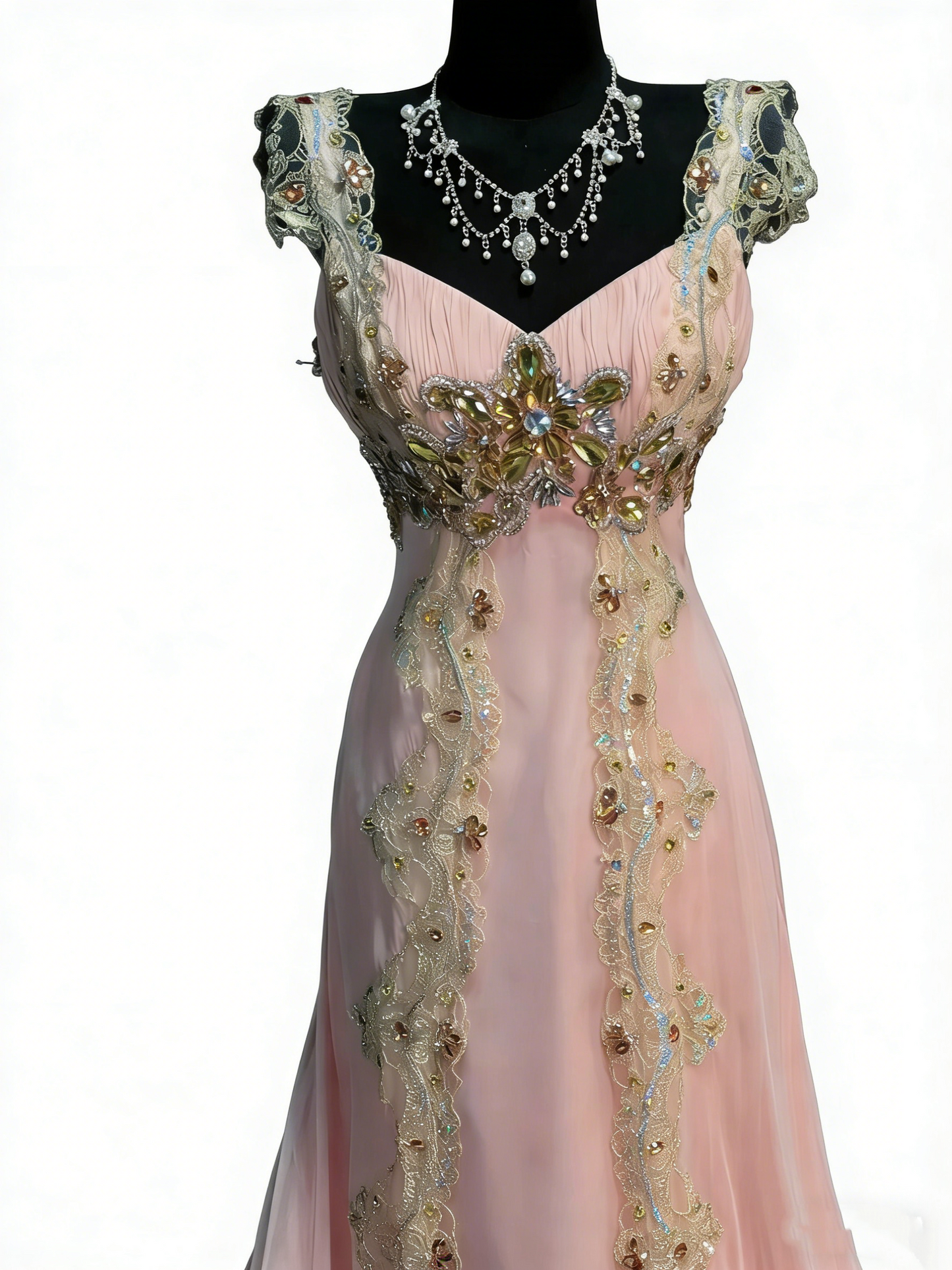 Atemberaubendes, langes, rosafarbenes Chiffon-Spitzen-Abendkleid mit herzförmigem Ausschnitt und Trägern (N992)