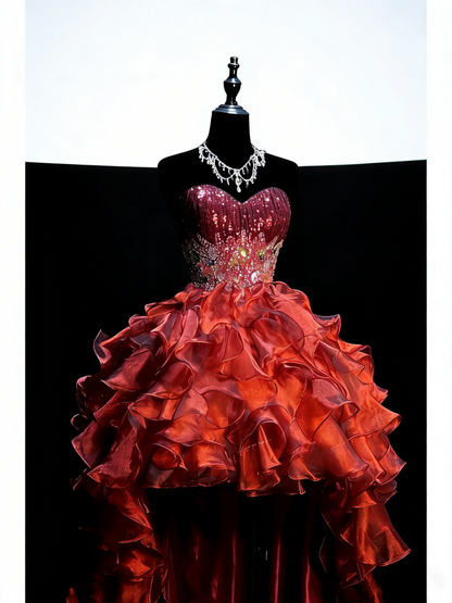 Prinzessinnen-Ballkleid, bordeauxrot, mit herzförmigem Rückenausschnitt, Korsettschnürung, gestuften Rüschen, langes Abendkleid, formelles Kleid N990