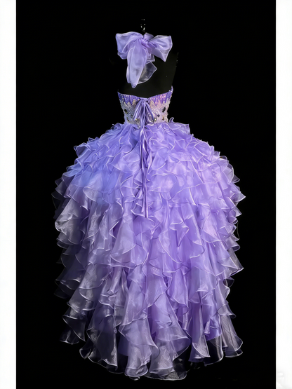 Prinzessinnen-Ballkleid, herzförmiger Schnitt, lila, Korsett, taillierter Rücken, gestufte Rüschen, langes Ballkleid, Abendgarderobe, formelles Kleid N991