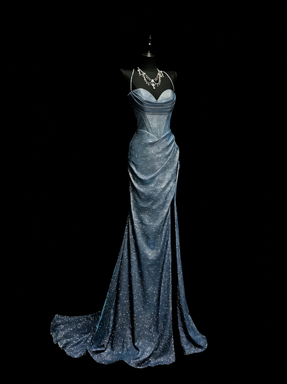 Stunning Mermaid Spaghetti Straps Navy Blue Sequins Long Prom Dresses Evening Outfits Formal Dress N993