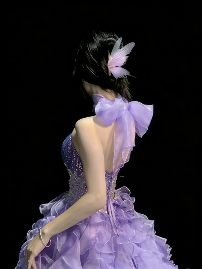 Prinzessinnen-Ballkleid, herzförmiger Schnitt, lila, Korsett, taillierter Rücken, gestufte Rüschen, langes Ballkleid, Abendgarderobe, formelles Kleid N991