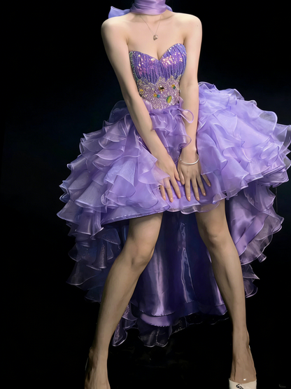 Prinzessinnen-Ballkleid, herzförmiger Schnitt, lila, Korsett, taillierter Rücken, gestufte Rüschen, langes Ballkleid, Abendgarderobe, formelles Kleid N991