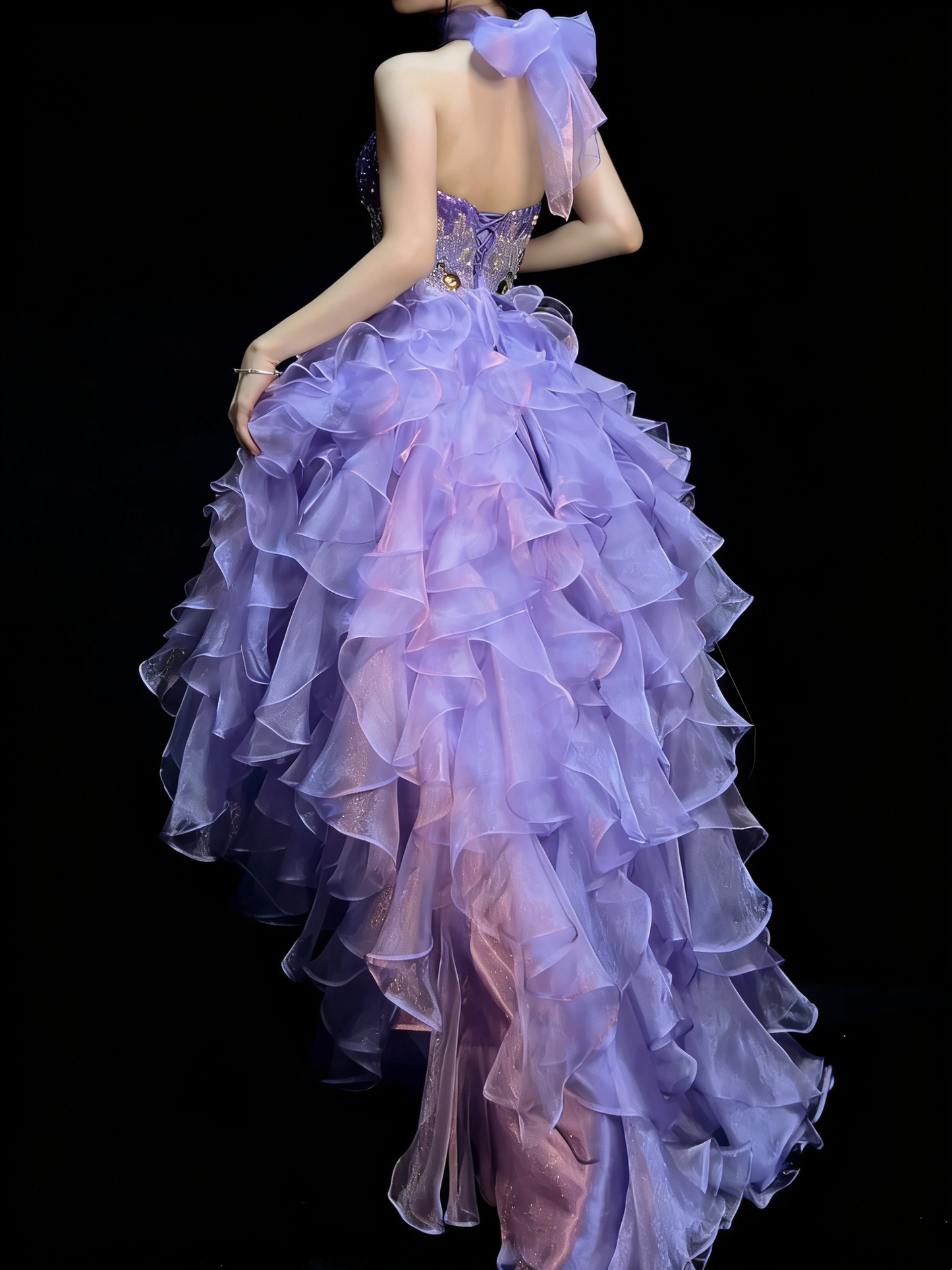 Prinzessinnen-Ballkleid, herzförmiger Schnitt, lila, Korsett, taillierter Rücken, gestufte Rüschen, langes Ballkleid, Abendgarderobe, formelles Kleid N991