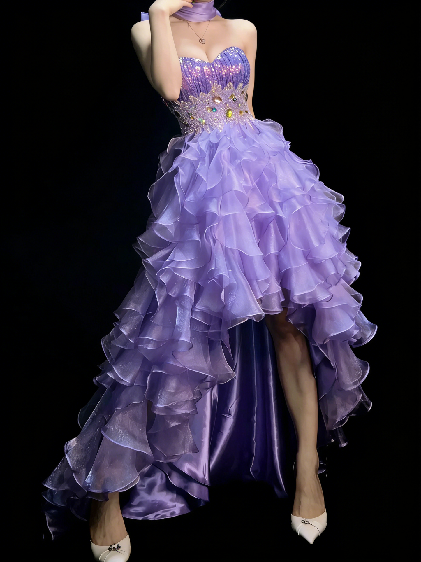 Prinzessinnen-Ballkleid, herzförmiger Schnitt, lila, Korsett, taillierter Rücken, gestufte Rüschen, langes Ballkleid, Abendgarderobe, formelles Kleid N991