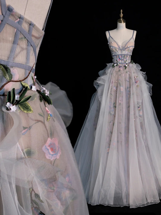 Modest Ball Gown Spaghetti Strap Tulle Gray With Appliques Bodice College Formal Outfit Long Prom Inspo Graduation Dresses N1212