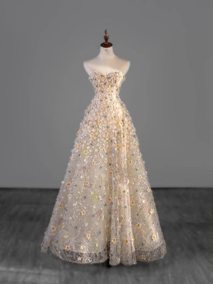 Modest Ball Gown Sweetheart Tulle Champagne With Flowers Bodice College Formal Outfit Long Prom Inspo Graduation Dresses N1215
