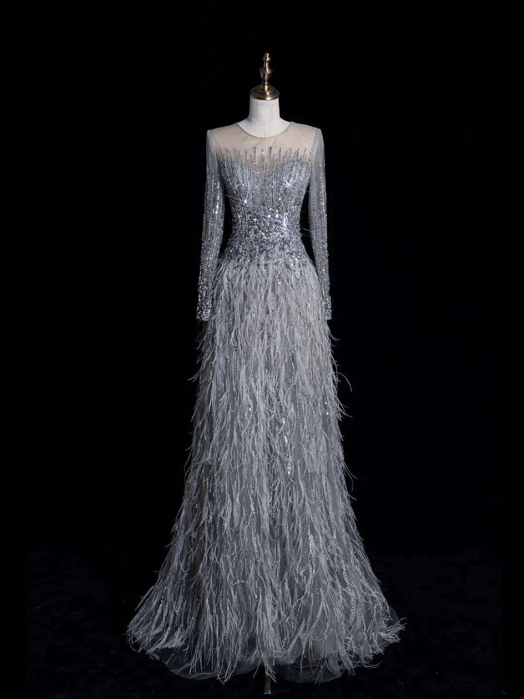 Elegantes, a-Linien-Kleid mit Rundhalsausschnitt, silbergrau mit Federn, langes Ballkleid/Abschlusskleid N1210
