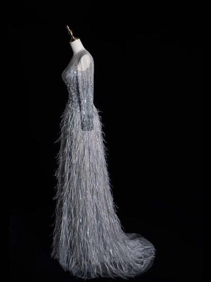 Elegantes, a-Linien-Kleid mit Rundhalsausschnitt, silbergrau mit Federn, langes Ballkleid/Abschlusskleid N1210