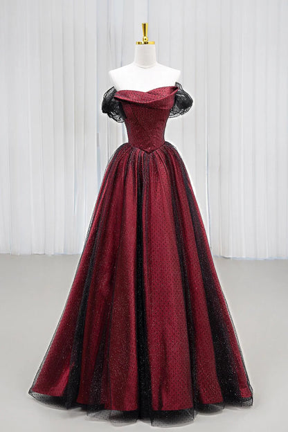 Robe de bal longue en tulle noir et rouge, coupe trapèze, épaules dénudées, robe de soirée de mariage, robe d'anniversaire AB916