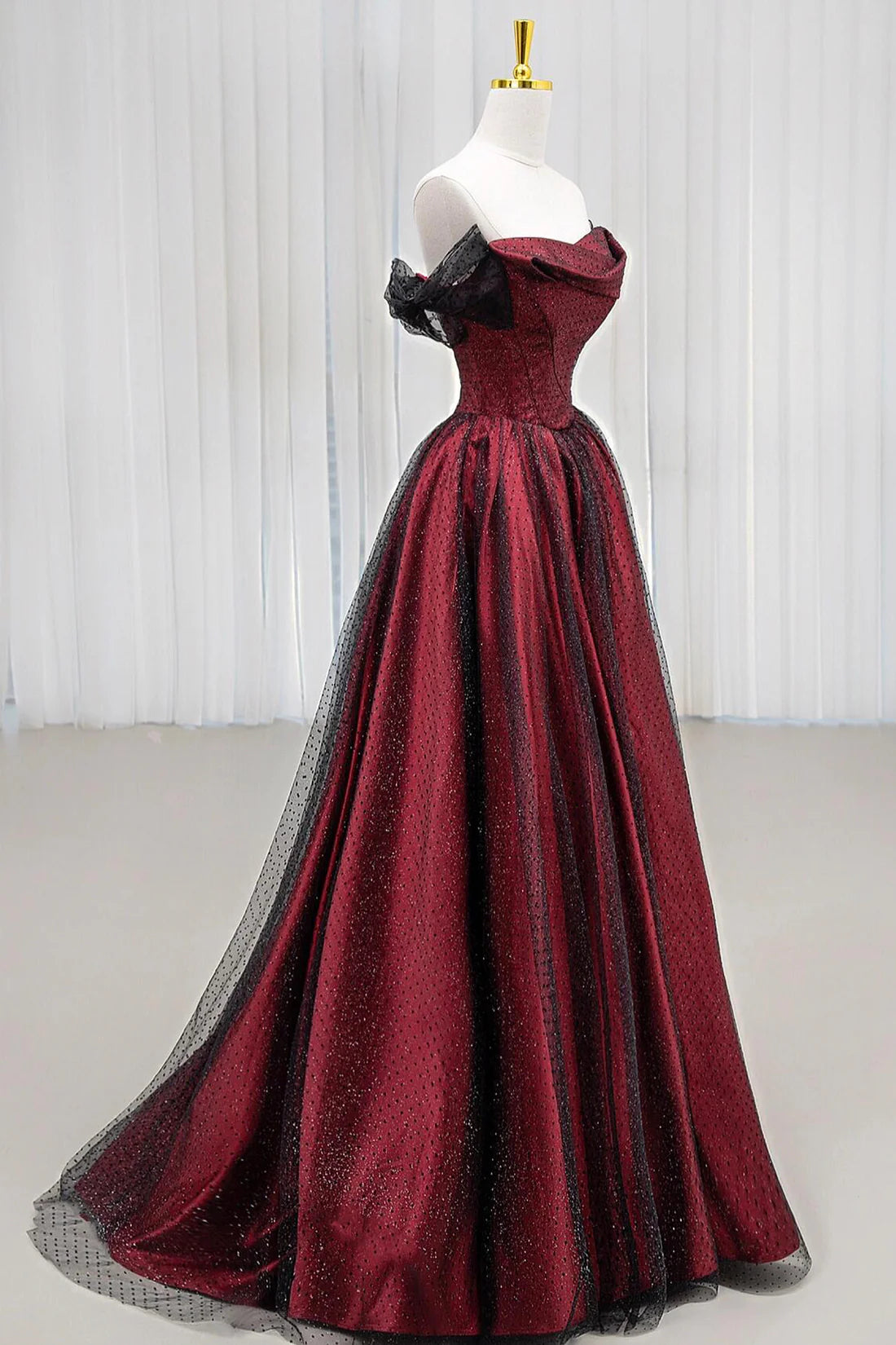 Robe de bal longue en tulle noir et rouge, coupe trapèze, épaules dénudées, robe de soirée de mariage, robe d'anniversaire AB916