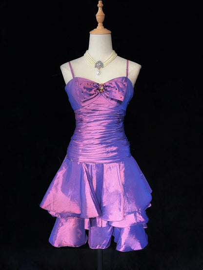 Vintage Ball Gown Spaghetti Strap Taffeta Grape Y2K 2000s Short Mini Party Senior Homecoming Dresses N3197