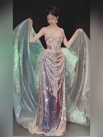 Robe de bal sirène sans bretelles à sequins et corsage perlé, inspiration robe de soirée longue, tenue pour un 20e anniversaire AB2249