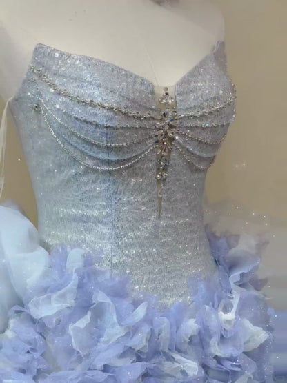 Gorgeous Blue Strapless A-Line Beaded Tulle Short Prom Dresses Homecoming Dress with Appliques RF0738