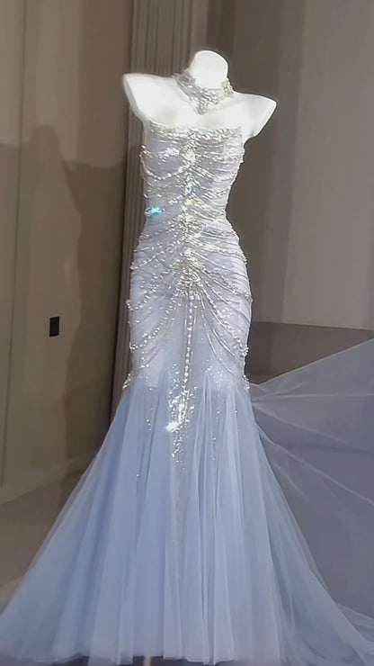 Blue Mermaid Off The Shoulder With Silver Beadings Long Prom Dress Party Gowns AB1683