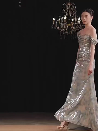 Robe de bal sirène unique à épaules dénudées bleue, inspiration robe de soirée longue, tenue pour un 20e anniversaire AB2246