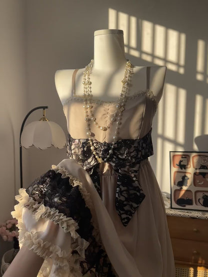 Vintage A Line Spaghetti Strap Champagne Chiffon Black Lace 16th Birthday Homecoming Dress Graduation Outfit RB6787