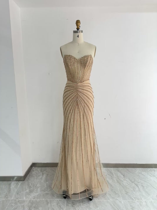 Fashion Gold Strapless Mermaid Tulle Long Prom Dresses Formal Evening Gowns with Beading RF0790