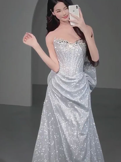 Robe de bal fourreau sans bretelles à paillettes bleues, inspiration robe de soirée longue, tenue pour un 20e anniversaire AB2239