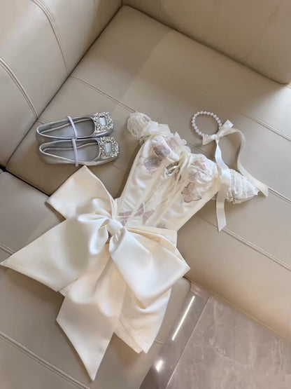 Elegant White Satin Off Shoulder Bodycon Short Evening Dress with Bow RF0927