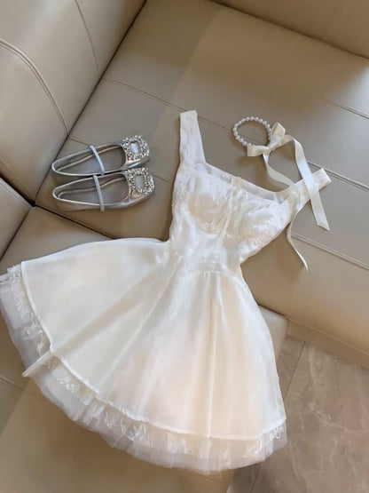 Sweet White Square Neck A-Line Tulle Short Birthday Evening Dress Party Dress RF0919