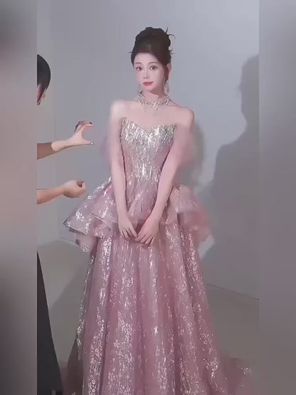 Funkelndes A-Linien-Kleid 2026, trägerlos, rosa Pailletten, Inspiration für lange Party-Abendkleider, Outfits zum 19. Geburtstag AB2266