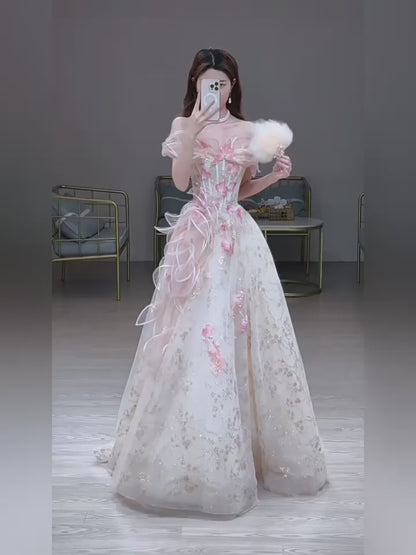 Robe de bal de princesse à épaules dénudées en tulle rose, inspiration pour une longue soirée, tenue pour un 20e anniversaire AB2236