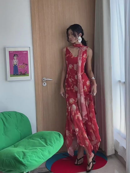 Vintage Meerjungfrauen-Chiffonkleid aus den 1950er Jahren mit V-Ausschnitt, floralem Muster und Schal – Inspiration für lange Party- und Abendkleider, Outfits zum 18. Geburtstag AB2378